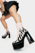 Power Up.
  
  High Voltage Platform Ankle Boots in Pink. These vegan Platform Boots feature a patent black flame sole and heel, charging up your shoe game. Made with eco-friendly materials and 100% cruelty-free, these Boots are as ethical as they are shockingly stylish!
  
  - Platform Height: 1.25 inch
  - Heel Height: 4.2 inch
  - Patent Black flame
  - Black Zipper
  - Platform sole
  - Round toe
  - 100% vegan
  
  SKU: LMF 1566 - PinkPU
