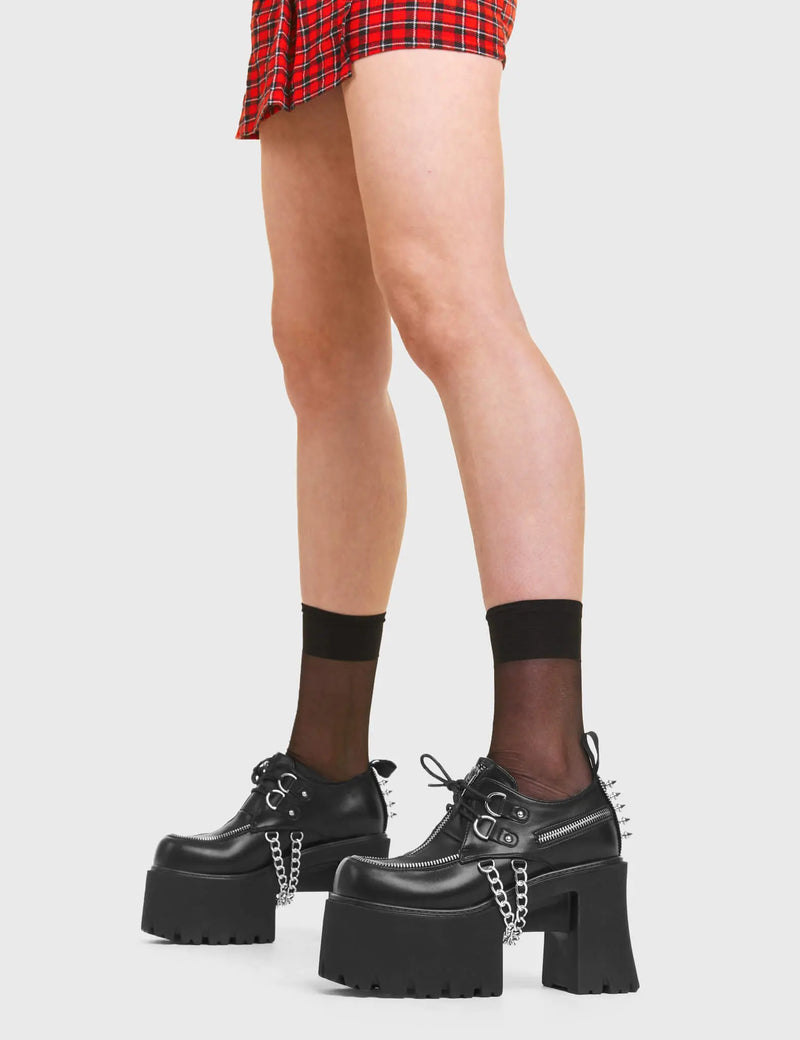 ALL OUT Hype Chunky Platform Shoes in Black faux leather. These vegan shoes feature a lace up design with a accessorised zip and two chains. Also features silver spikes very cute. Made with eco-friendly materials and 100% cruelty-free, these boots are as ethical as they are chic! - Platform - Lace up - Silver Spikes - Two chains - Fake zip - Chunky platform sole - Rounded toe - 100% vegan SKU: LMF 3939 - BlackPU