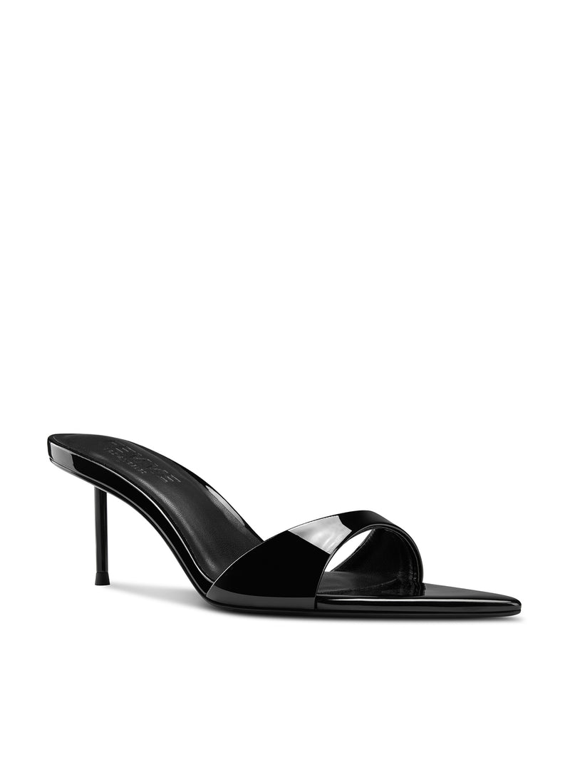 Femme LA Marseille Slipper in Black Patent – front three-quarter view showing single patent toe strap and open pointed toe