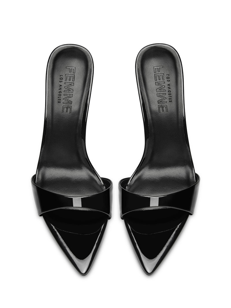 Femme LA Marseille Slipper in Black Patent – top-down view of the pair showing pointed toe silhouette and Femme LA branded insoles