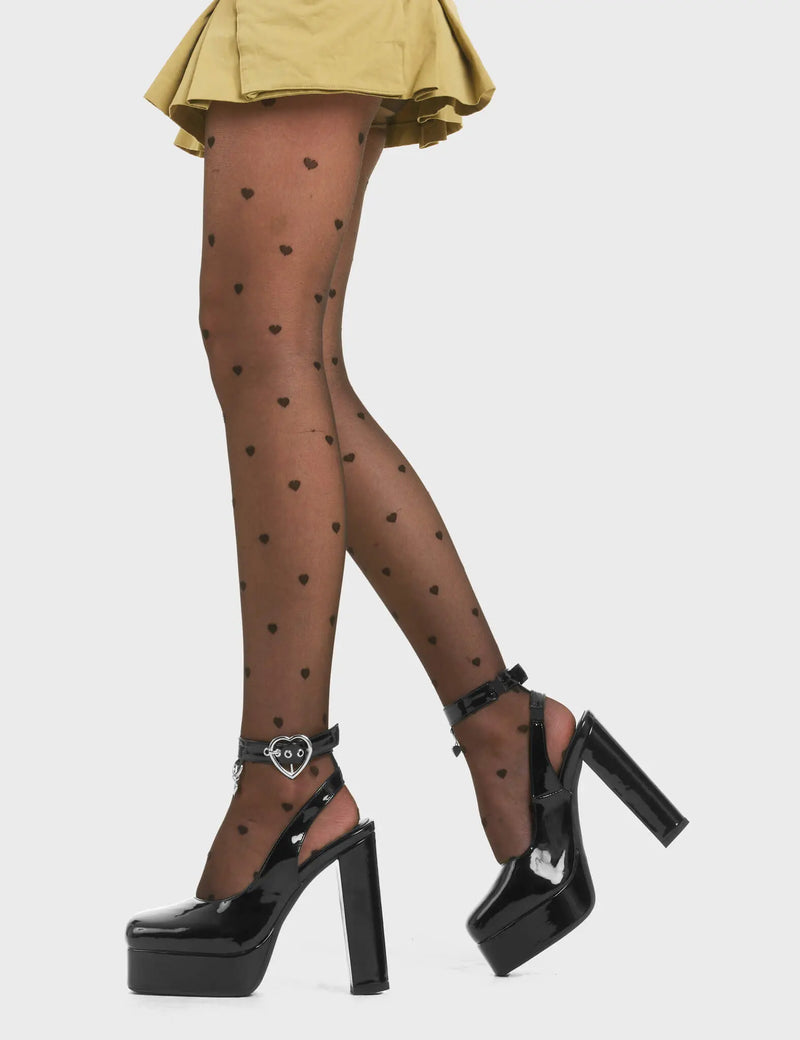 STEP FREELY
  
  My Way Platform Heels in Black Patent. These heels features a adjustable black ankle strap with silver eyelets and a heart shaped buckle, Also features a silver hanging charm Step Freely with these platform heels. Made with eco-friendly materials and 100% cruelty-free!
  
  - Platform Height
  - Heel Height
  - Adjustable Black Strap
  - Silver eyelets
  - Heart shaped buckle
  - Platform sole
  - Pointed Toe
  - 100% vegan
  
  SKU: LMF 3791 - BlackPAT