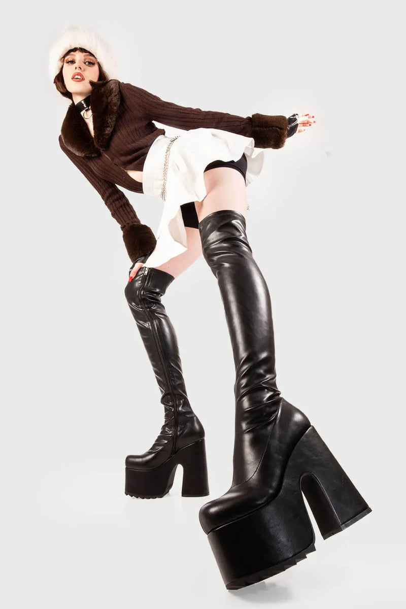 Solid Slammers
 
Not Ready Wide Calf Chunky Platform Thigh High Boots in Black faux leather. These black vegan Platform Boots feature on our chunky platform sole, make a statment and stomp with chunky elevation. Made with eco-friendly materials and 100% cruelty-free, these platform boots are as ethical as they are dominant!


- Platform Height
- Heel Height 
- Wide Calf 
- Black zipper
- Shark's teeth rubber grip 
- Chunky platform sole
- Round Toe
- 100% vegan 

SKU: LMF 2073 - BlackPU - WIDE FIT
