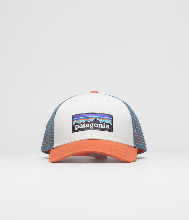 Patagonia P-6 Logo LoPro Trucker Cap in White and Redtail Rust