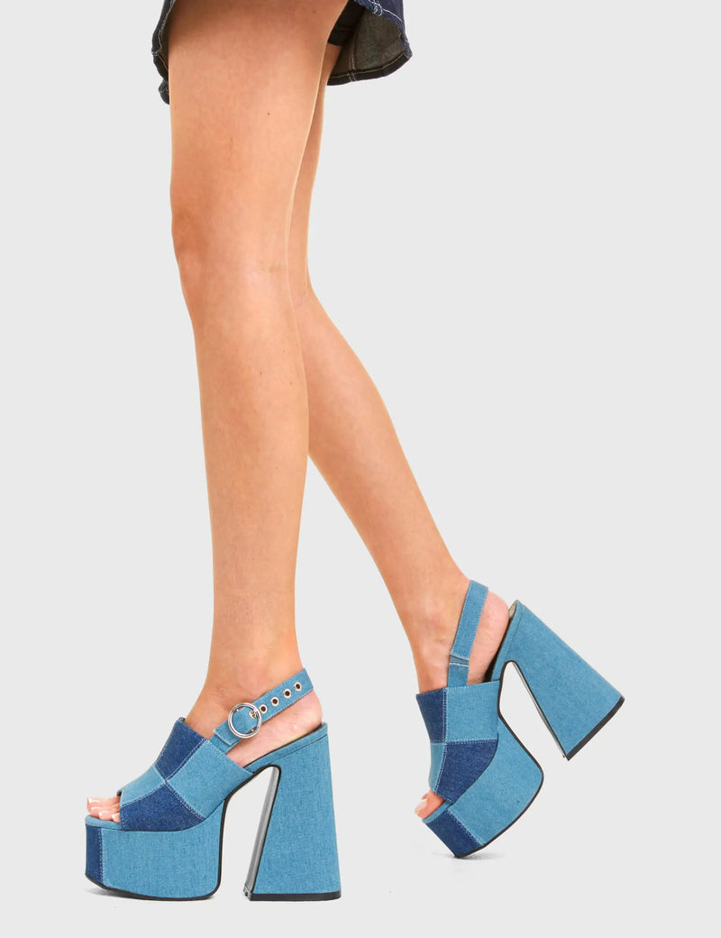 READY FOR WAR
  
  Patched Up Platform Sandals in Denim. These platform sandals feature our iconic patchwork denim finish on a platform sole, leave fashionable imprints with every step. Made with eco-friendly materials and 100% cruelty-free, these platform sandals are as ethical as they are Trendy!
  
  - Platform Height
  - Heel Height
  - Denim
  - Open toe
  - Platform sole
  - Round Toe
  - 100% vegan
  
  SKU: LMF 3480 - Light/Dark Denim