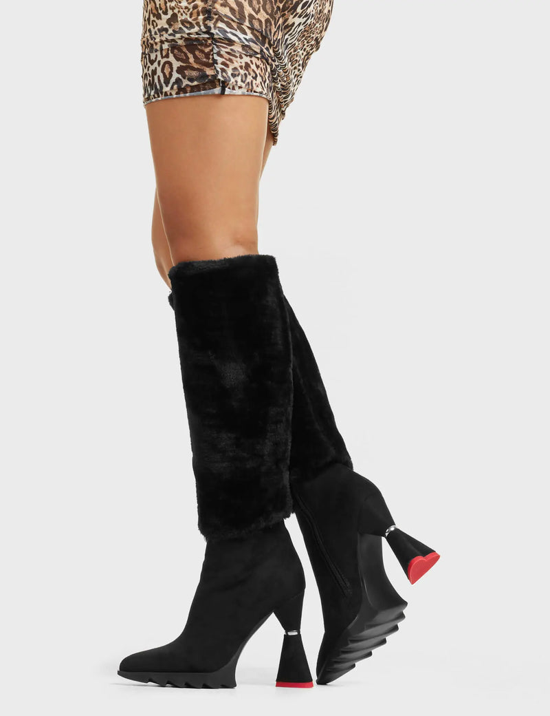 GOOD LIFE

So Fur So Good Platform Knee High Boots in Black faux leather. These platform boots feature a sleek look with a falred and heart shaped heel that also features a red heart at the bottom. Also features exuberant fur detailing across the upper, keeping it nice and classy. Made with eco-friendly materials, these platform boots are as ethical as they are chic.

- Platform Height
- Knee High Length
- Fur Detailing
- Flared Heel
- Heart Heel
- Suede
- 100% vegan

SKU: LMF 5418 - BlackSUEDE/Fur