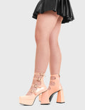 BUCKLED UP
  
  True Romance Platform Heels in Pink patent. These platform boots feature four silver buckles with adjustable straps, keeping it nice and classy. Made with eco-friendly materials and 100% cruelty-free, these platform boots are as ethical as they are edgy.
  
  - Platform Height
  - Silver circle buckles
  - Adjustable straps
  - Triangle heel
  - High Heel
  - 100% vegan 
  
  SKU: LMF 3328 - PinkPAT